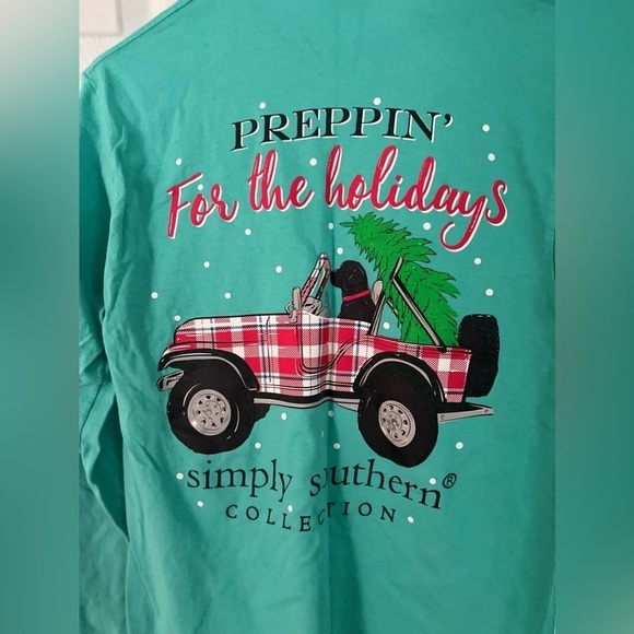 Simply Southern Preppin for The Holidays Sm Long Sleeve T Shirt Doggy Sea Foam - Picture 5 of 8